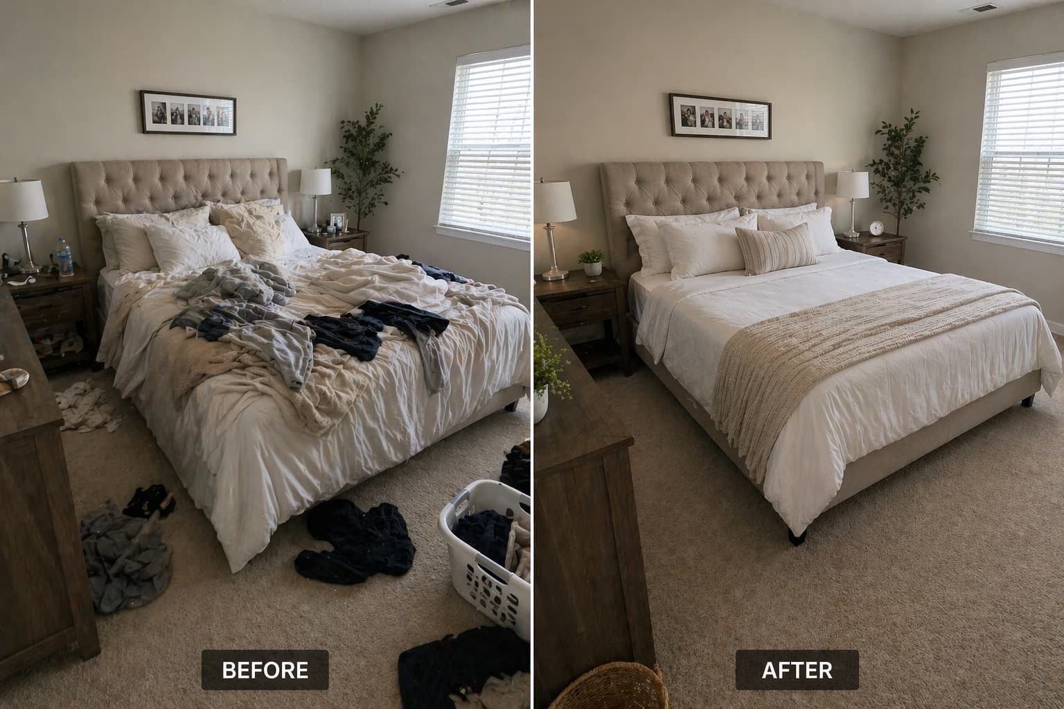 Bedroom before and after a clean: unmade bed with clothes on the floor, then a made bed and tidy room.