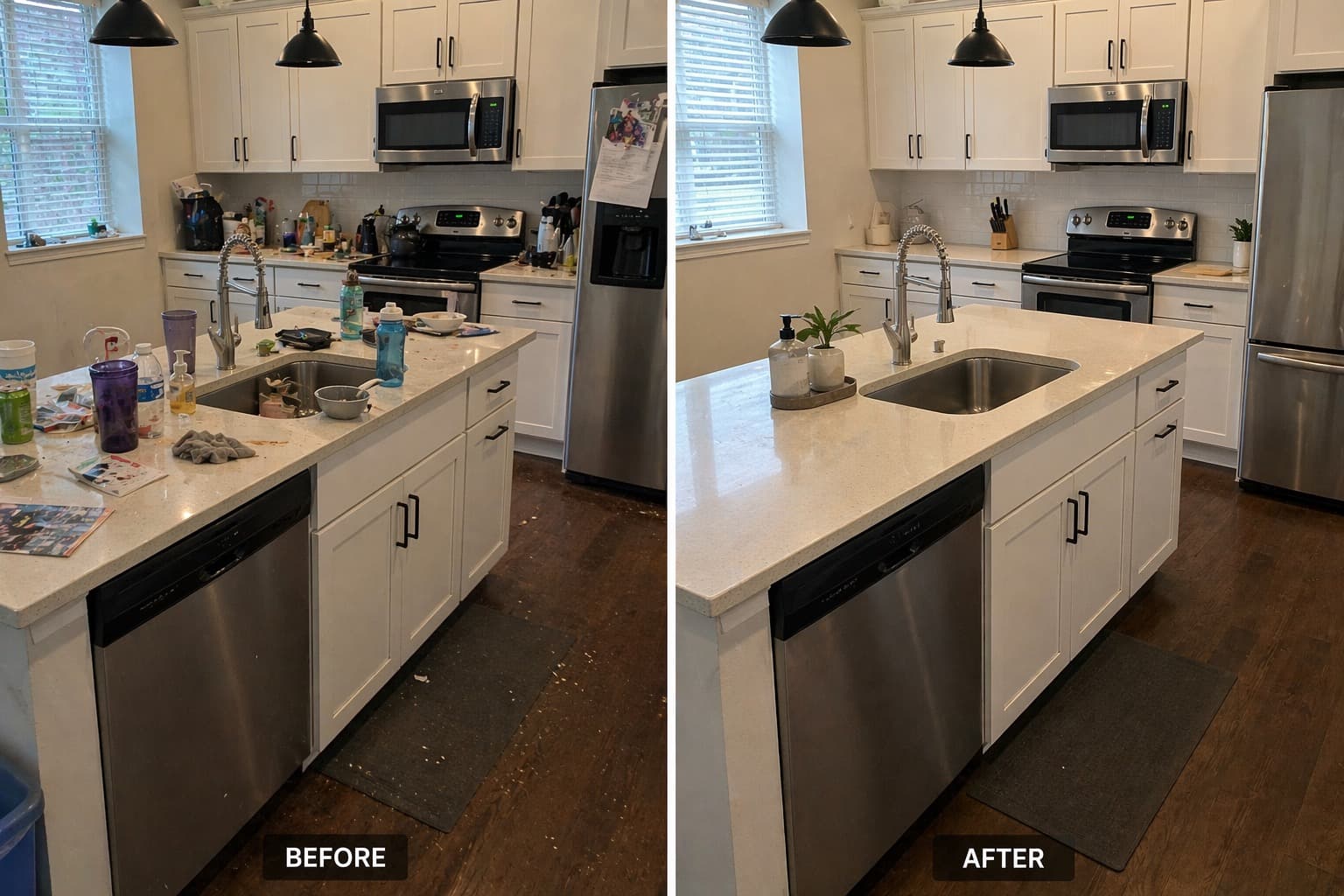 Kitchen before and after a clean: cluttered island and counters, then clear surfaces with a spotless sink.