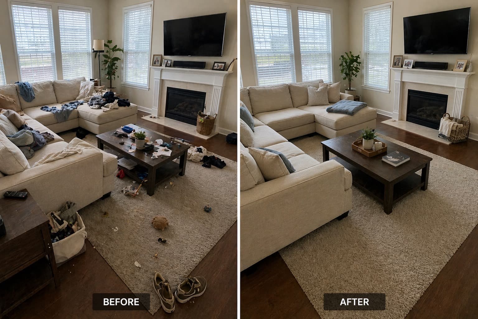 Living room before and after a clean: scattered clutter and toys, then a tidy sectional, coffee table, and rug.